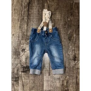 Cat & Jack Baby Boys Denim Jeans with Gingham Suspenders Blue 3-6M